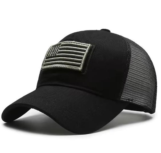 Tactical Mesh-Back Cap with Embroidered American Flag Patch – Black