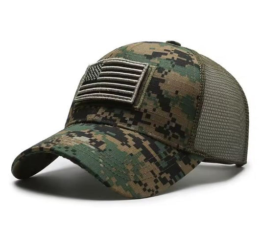 Camo Tactical Mesh-Back Cap with Embroidered American Flag Patch