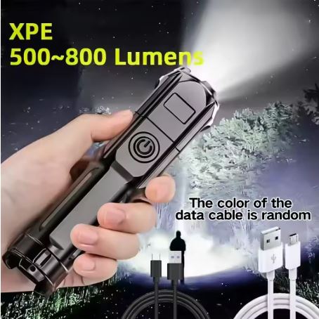 4-Mode LED Flashlight with Strong Light, Telescopic Zoom, Tactical Torch, USB Rechargeable, Portable Spotlight for Long-Range and Camping Use